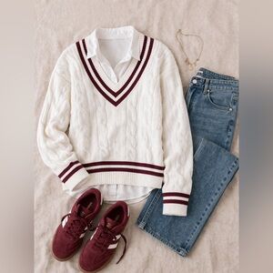 ✨ Varsity V-Neck Sweater –  White & Burgundy Preppy Trend 🔥✨